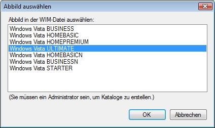 Abbildauswahl Auswalh des Windows Vista Abbildes