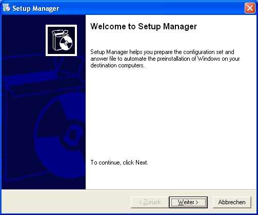 Setup Manager Begrüßung