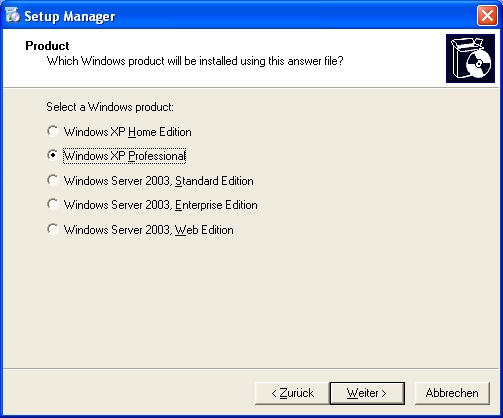 Setup Manager Betriebssystemauswahl